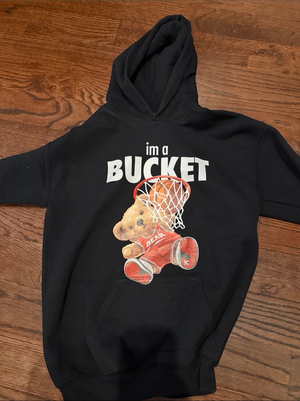 Kids Black Pullover Hoodie with Teddy Basketball Graphic